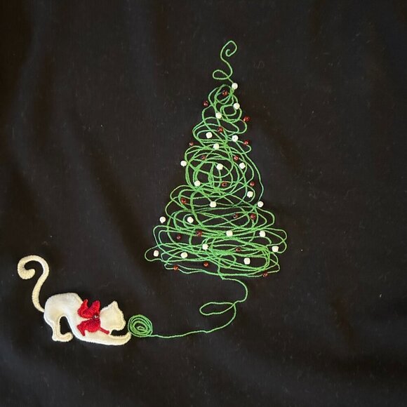 Cat Christmas Tree Beaded Embroidered Holiday Long Sleeve Tee Size 2XL XXL - Picture 3 of 10